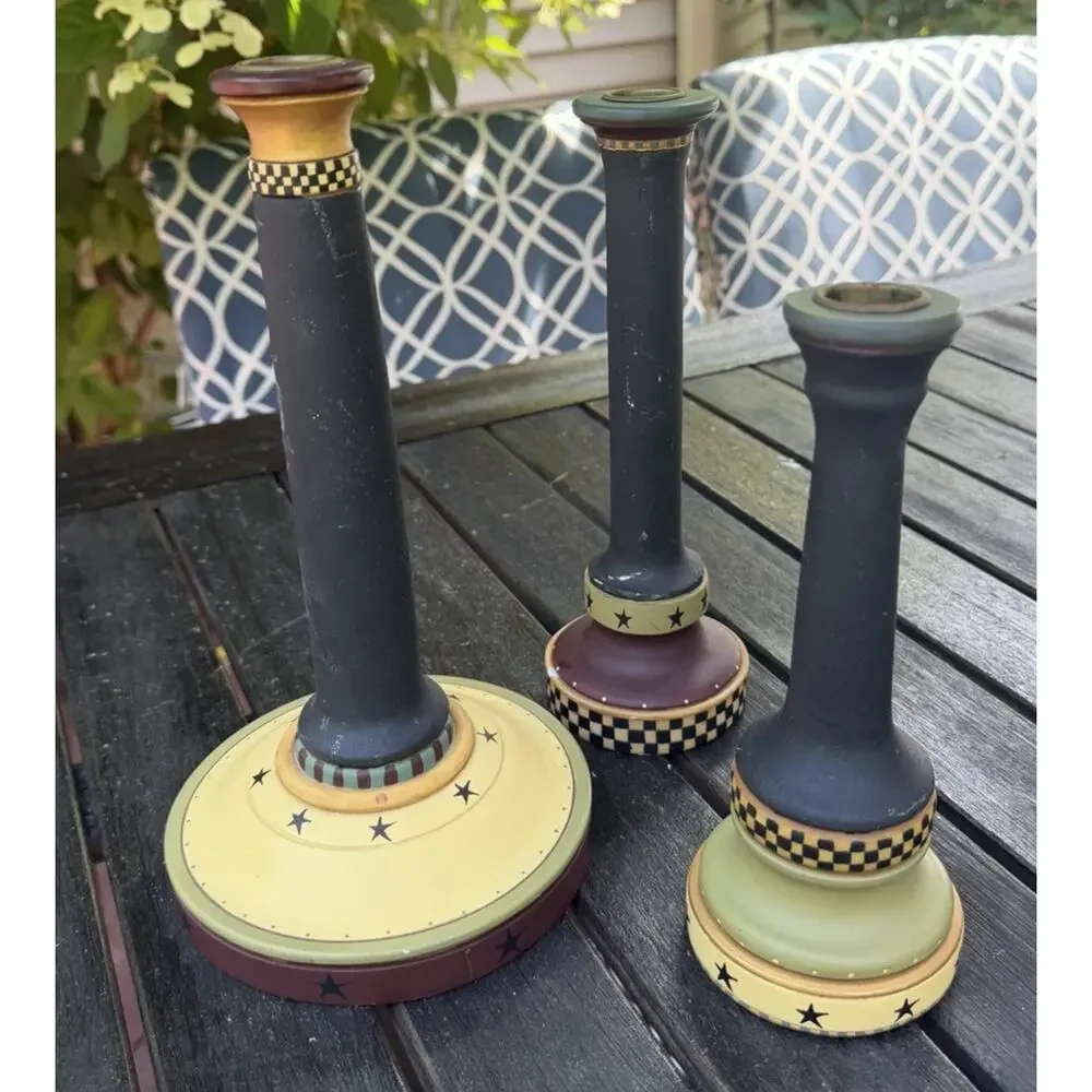 Vintage SET OF 3 Folk Art Candlestick Hiolders Williraye Studio Hand Painted